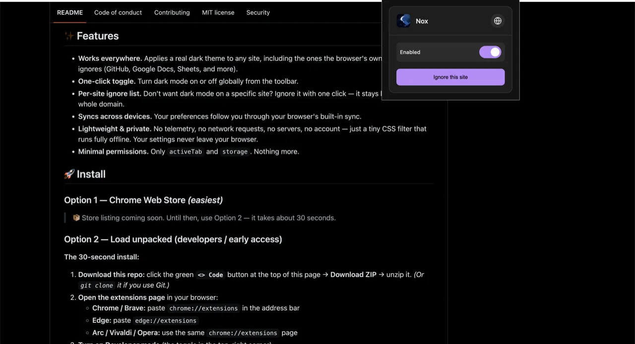 The same webpage after enabling Nox dark mode