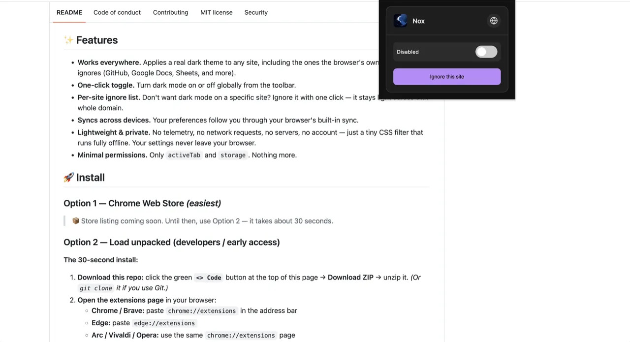 A webpage shown in its default light theme before Nox
